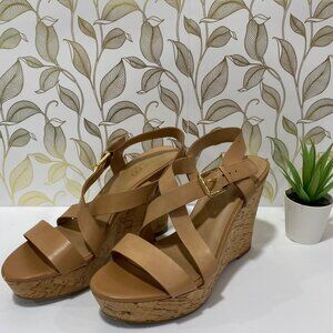 Franco Sarto Wedge Sandals With Straps & Cork Heel - Size 8 - Tan Leather Upper